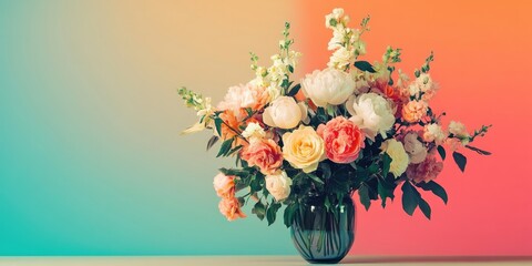 Poster - Vase filled with a stunning bouquet of flowers on a table set against a colored background.