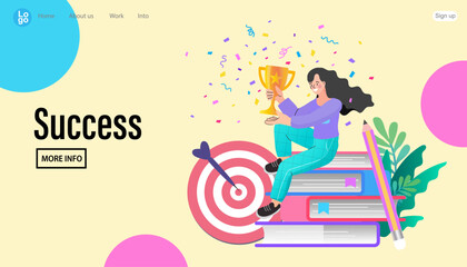 Wall Mural - Woman holding a victory trophy cup. Education Pile of books and golden trophy for future success winner. Vector illustration for mobile and web graphics. Online course education lectures.