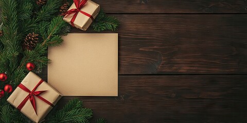 Aufkleber - Christmas background or greeting card. Present box, paper sheet, fir tree branch, and decorations on a dark wooden table. Copyspace for your well wishes.