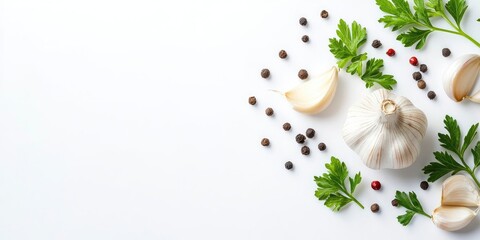 Poster - Garlic accompanied by peppercorns and parsley, isolated on a white background with copy space for your text. Top view. Flat lay.