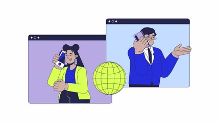 Poster - Digital employees communication global 2D animation. Customer service 4K video motion graphic. Consultation international call making animated characters cartoon flat concept, white background