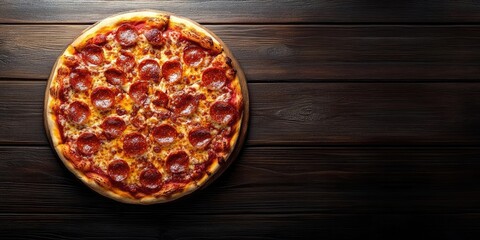 Poster - Top view of pizza on a dark wooden background.