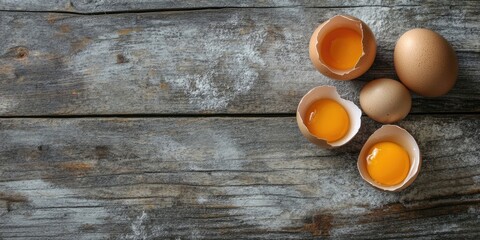 Poster - Whole and cracked raw brown eggs on a gray wooden surface up close. Top view with copyspace.