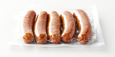 Poster - Sausages packaged in plastic on a white background.