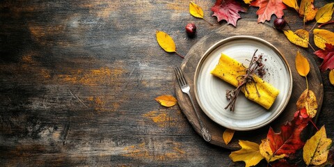 Aufkleber - Autumnal table setting featuring yellow and red leaves on a rustic backdrop with copy space.
