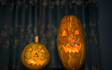 Closeup view of halloween pumpkin on table 