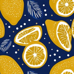 Wall Mural - Mustard yellow lemon pattern with white dots and lemon slices