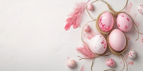 Aufkleber - Easter day. Arrangement of pink Easter eggs with twine, feathers, and ribbons on a white background, top view.