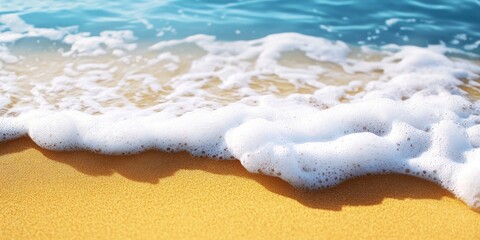 Poster - Close-up summer scene featuring blue sea water, white foam, and yellow sand with selective focus. Represents vacation or holiday theme. Nature backdrop with copyspace.