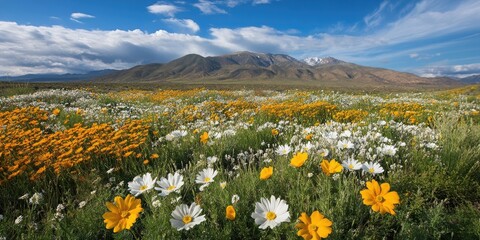 Poster - Countryside and mountain scenery featuring yellow, white, and colorful flowers.