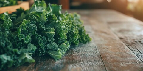 Poster - Fresh kale leaves on a wooden table, close up. Room for text.