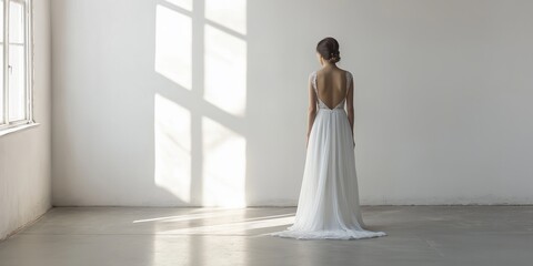 A woman in a white dress stands in front of a window, looking out at the world. Concept of loneliness and longing, as the woman is lost in thought