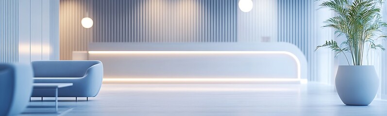 Aufkleber - A sleek, modern reception area featuring minimalist design, integrated lighting, and a decorative plant in a stylish pot.