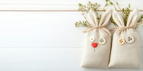 Poster - Decoration. Canvas gift bags with buttons shaped like a hare on a white background. Easter card. Copyspace.