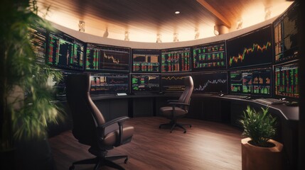 Poster - Panoramic view of financial trading room with screens showing market data.