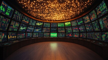 Poster - Panoramic view of financial trading room filled with screens displaying market trends and data.