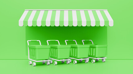 Poster - Green shopping carts with striped tent on green background. Shopping Online Concept. Shopping time concept banner with shopping cart.
