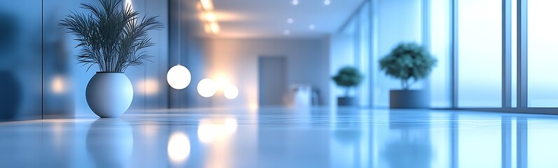 Poster - A modern, minimalistic interior featuring a polished surface, plants in vases, and soft lighting, creating a serene and stylish atmosphere.