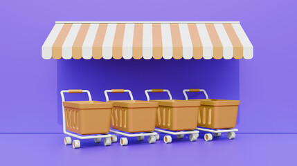 Poster - Yellow shopping carts with striped tent on purple background. Shopping Online Concept. Shopping time concept banner with shopping cart.