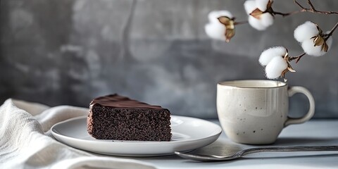 Aufkleber - Delicious chocolate cake on a white plate, accompanied by a ceramic cup and cotton flowers, set against a grey background for Sunday morning breakfast.