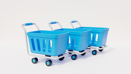 Poster - Blue shopping carts isolated on white background. Shopping Online Concept. Shopping time concept banner with shopping cart.