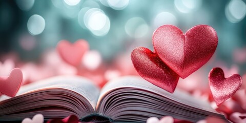 Wall Mural - Valentine's Day backdrop featuring an open book with heart-shaped pages.