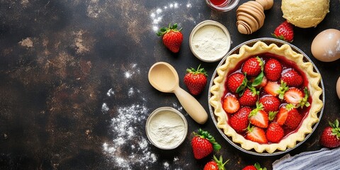 Poster - Bakery backdrop. Strawberry pie recipe. Unprocessed ingredients for preparing a strawberry pie or cake on a rustic surface. Top view, flat lay. Copyspace.