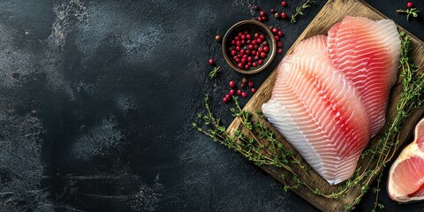 Poster - Raw tilapia fillet on a cutting board accompanied by thyme and pink pepper. Black backdrop. Top view. Copy space.