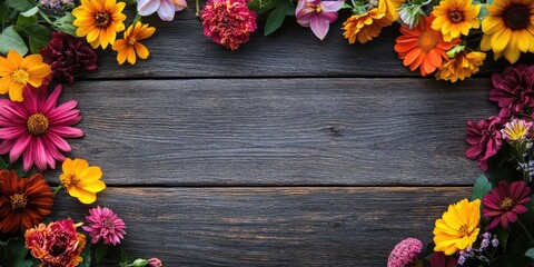 Sticker - Flowers border frame with copyspace on a wooden background.