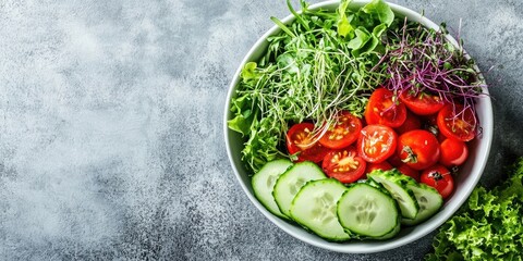 Poster - A fresh salad featuring fresh vegetables, ripe tomatoes, cucumber, lettuce, and microgreens in a bowl on a gray background. Healthy raw food idea. Space for text, copy space.