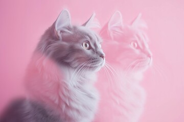 A cat with long fur is looking at the camera. The cat is sitting on a pink background