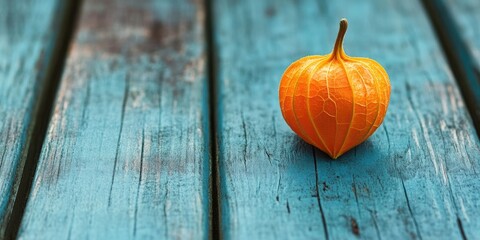 Poster - A single bright orange physalis fruit on a delicate blue wooden surface.