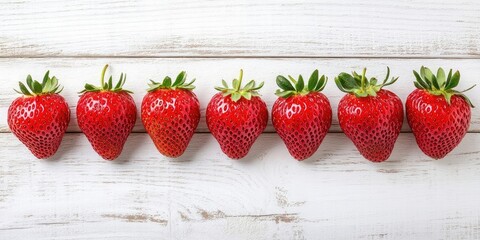 Poster - Strawberry fruits arranged in a row on a white wooden table background.