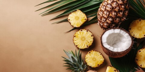 Aufkleber - Tropical fruits, including coconuts and pineapple, are arranged on a craft brown background. This creates a minimalistic summer composition. Top view. Copy space.