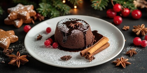 Poster - Christmas cake - molten lava cupcake dessert or dark chocolate souffle accompanied by gingerbread, berries, cinnamon sticks, and anise on a white plate with copy space.