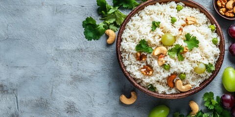 Aufkleber - Curd rice accompanied by cashews, grapes, and cilantro on a grey backdrop. Top view. Copy space. South Indian cuisine.