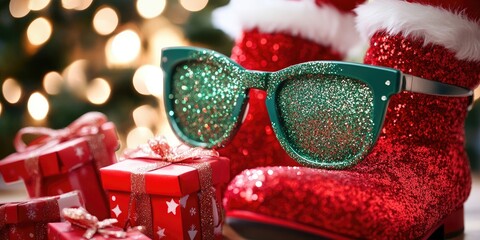 Leinwandbilder - Green glitter fancy eyeglasses on a red boot and a Santa Claus model are adorned with red Christmas gift boxes, leaving space for ideas.