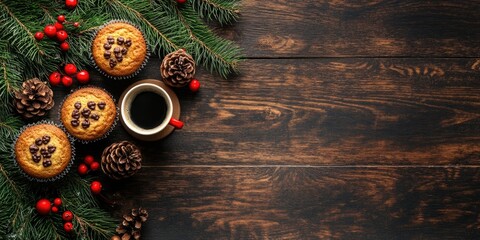 Poster - Christmas greeting card featuring a Christmas tree, muffins, and coffee. Top view with space for your message.