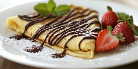 Poster - Classic French crepes made with chocolate, garnished with mint and strawberries. To prepare the batter, combine a substantial amount of eggs, milk, and flour.