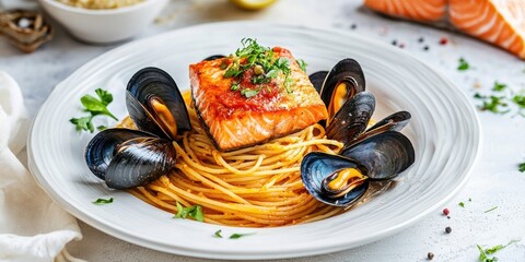 Aufkleber - Classic Italian pasta spaghetti marinara featuring mussels and salmon on a white table. Spaghetti pasta garnished with marinara sauce.