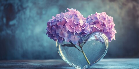 Aufkleber - Heart-shaped hydrangea flower in a glass vase on a table.