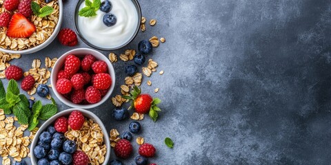 Canvas Print - Breakfast food idea featuring cereals, yogurt, and berries on a concrete surface with copy space.