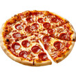 © fotogurme - Large pizza with pepperoni and cheese toppings cut into slices isolated on a transparent background
