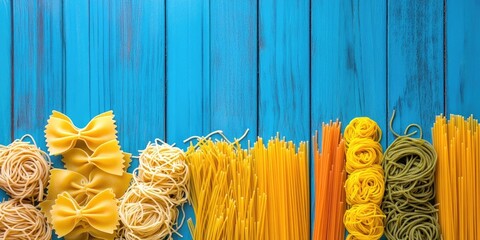 Aufkleber - Collage. Italian cuisine, collection of pasta, noodles, and spaghetti. Set against a blue wooden backdrop. Top view. Copy space.