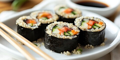 Poster - Vegan sushi rolls containing quinoa, vegetables, and soy sauce are presented on a white plate alongside wooden chopsticks. This represents healthy vegan and vegetarian cuisine.