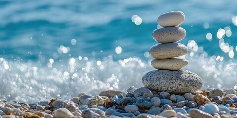 Poster - Stacked balanced rocks on a Mediterranean pebble beach with splashing blue waves in the background. Summertime outdoor horizontal closeup image featuring copy space.