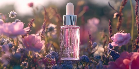 Poster - Glass dropper bottle containing moisturizing lotion set against a backdrop of flowers. Facial skin care idea. Side view.