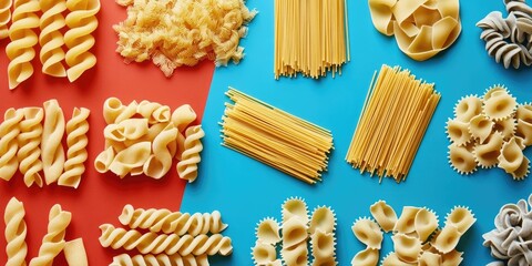 Aufkleber - Various types of uncooked pasta set against a colored background.