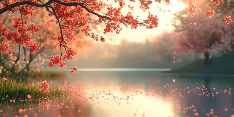 Poster - Flowering spring trees in the backdrop of the pond. The theme of blooming spring, pollen, and allergies.