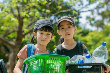 2 kids volunteer garbage person people.